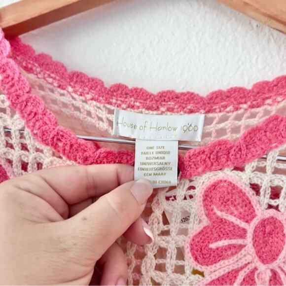 House of Harlow Knit Crochet Fringe Pink Bow Sweater OS NWT - Picture 3 of 6